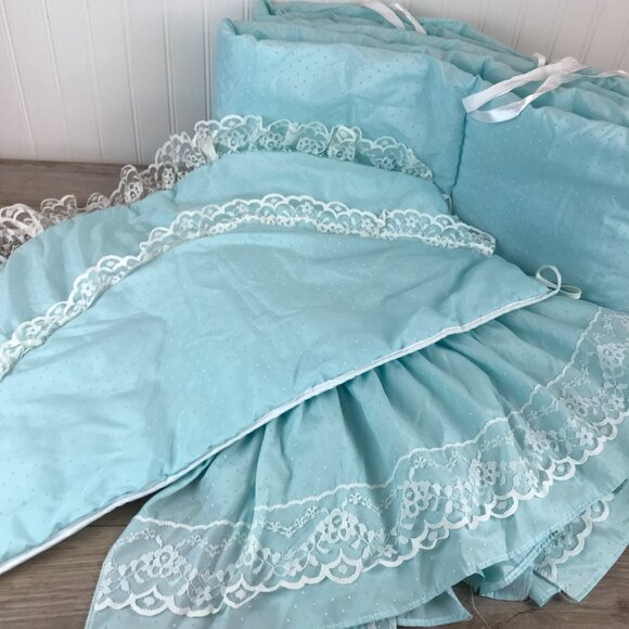 Vintage Pastel Blue & White Lace Baby Crib Bedding Set, Bumper Pad Ruffle Skirt - Picture 9 of 13